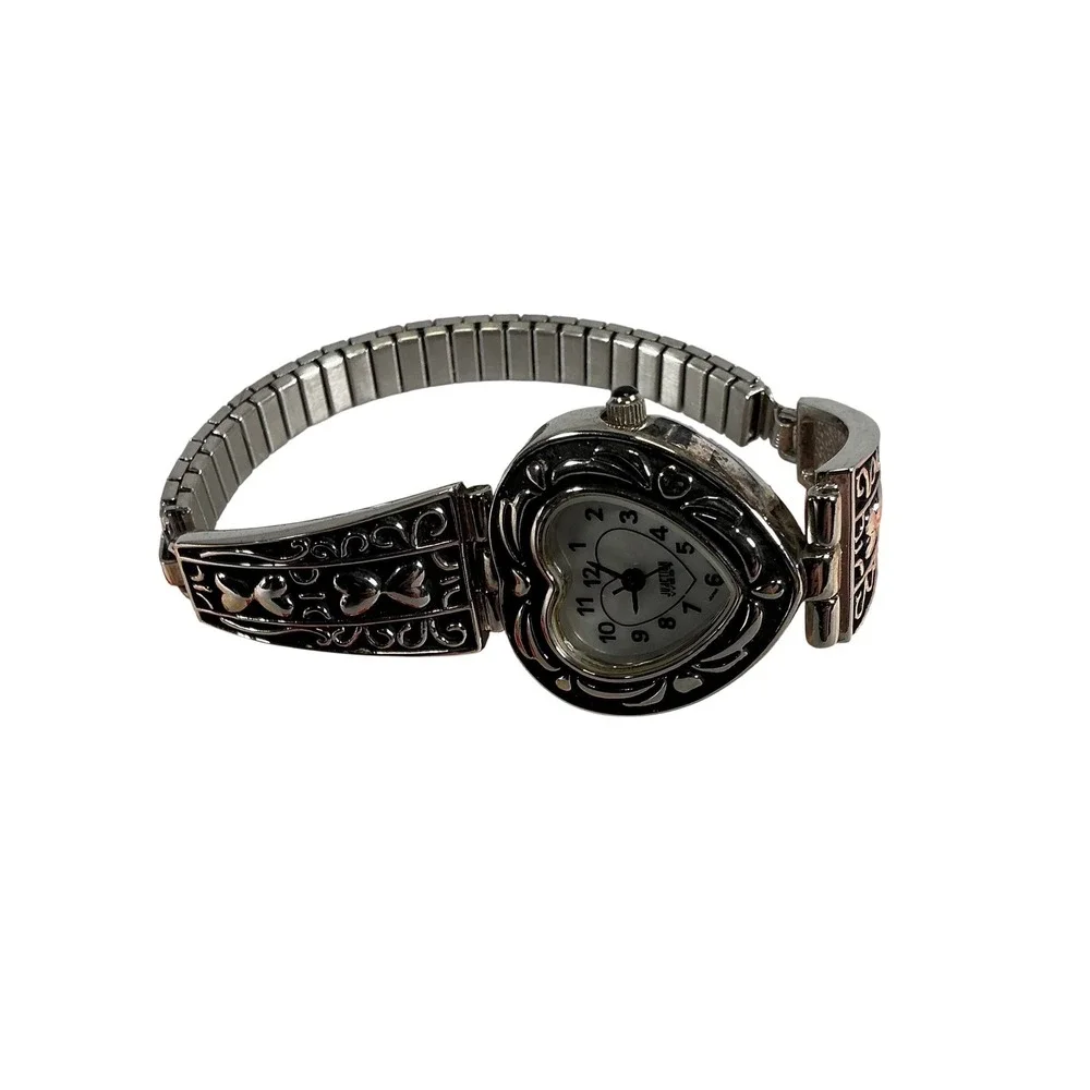 Heart‎ Watch Silver Tone Stretch Bracelet Vintage Style